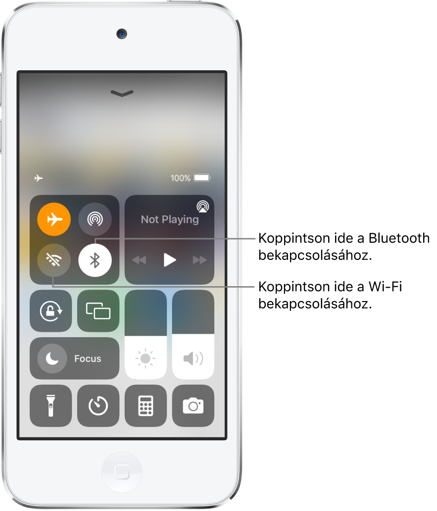 A Vezérlőközpont, amelyben a repülőgép mód be van kapcsolva. A Vezérlőközpont bal felső sarkában a Wi-Fi és a Bluetooth bekapcsolásához használható gombok láthatók.