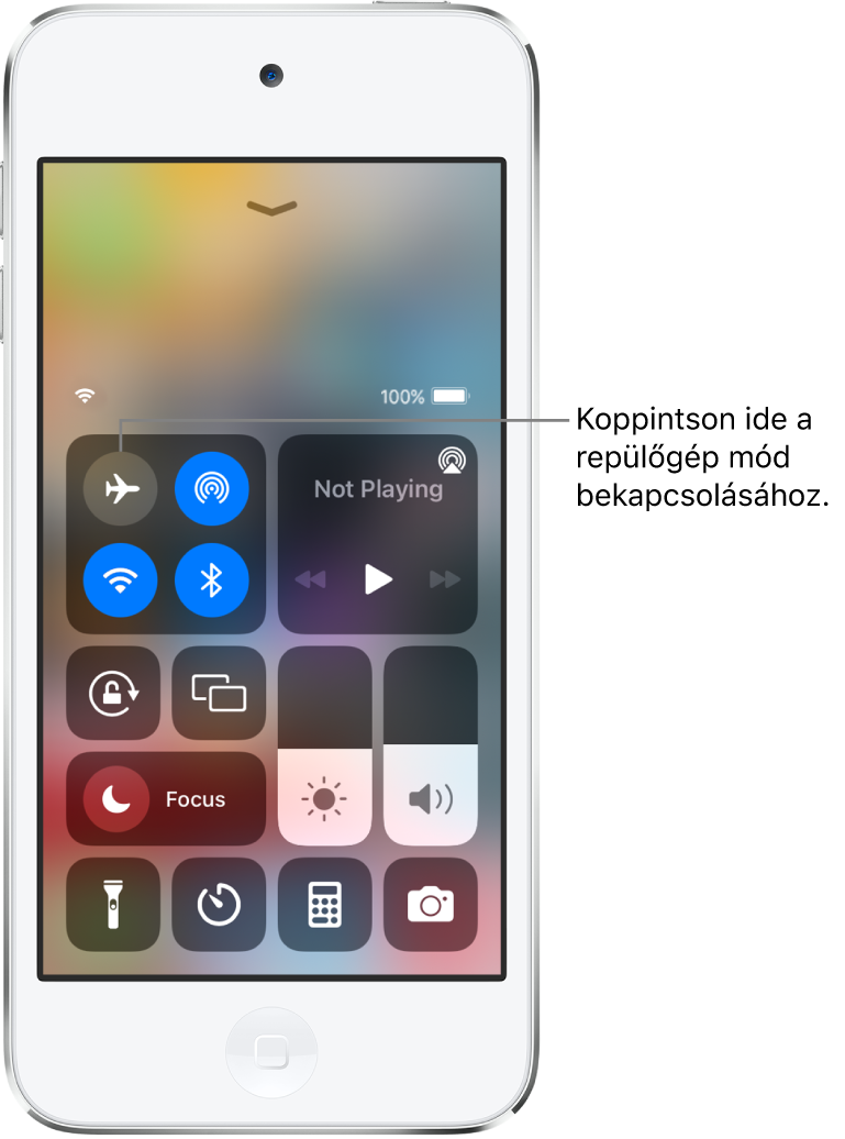 A Vezérlőközpont képernyője, amelyen látható, hogy a bal felső gombra való koppintáskor a repülőgép mód bekapcsol.