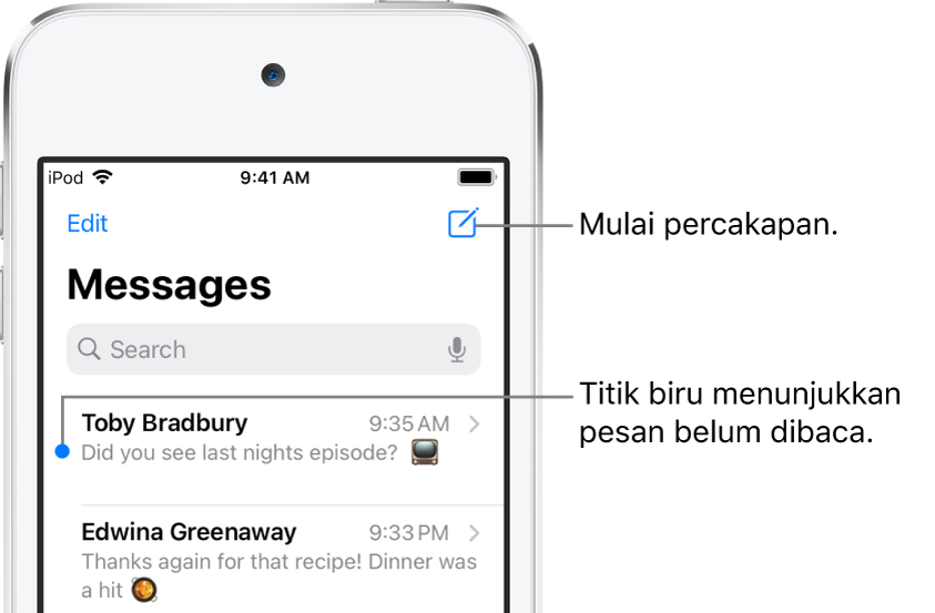 Daftar Pesan dengan tombol Edit ada di kiri atas dan tombol Tulis ada di kanan atas. Titik biru di sebelah kiri pesan menunjukkan pesan belum dibaca.