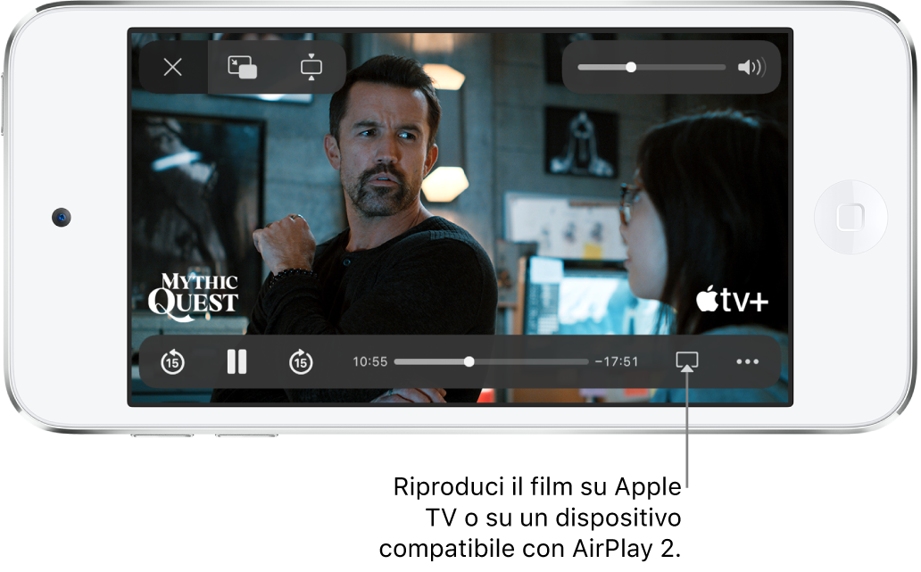 Un film in riproduzione sullo schermo di iPod touch. Nella parte inferiore dello schermo sono visibili i controlli di riproduzione, tra cui il pulsante AirPlay in basso a destra.