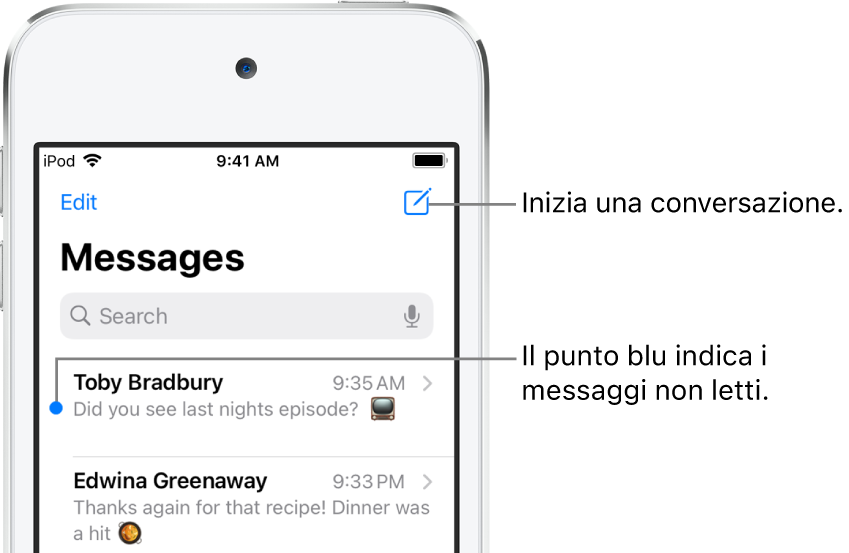 L'elenco di Messaggi con il pulsante Modifica in alto a sinistra, mentre il pulsante Scrivi si trova in alto a destra. Un pallino blu a sinistra del messaggio indica che non è stato letto.