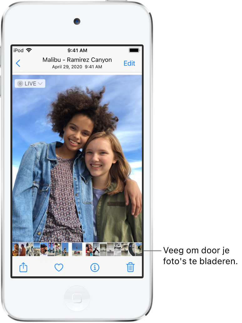 Een foto met miniaturen van andere foto's onder in het scherm. Linksbovenin staat een terugknop waarmee je teruggaat naar de weergave waarin je aan het bladeren was. Onder in het scherm zie je de knoppen 'Deel', 'Leuk' en 'Verwijder'. Rechtsbovenin staat de knop 'Bewerk'.