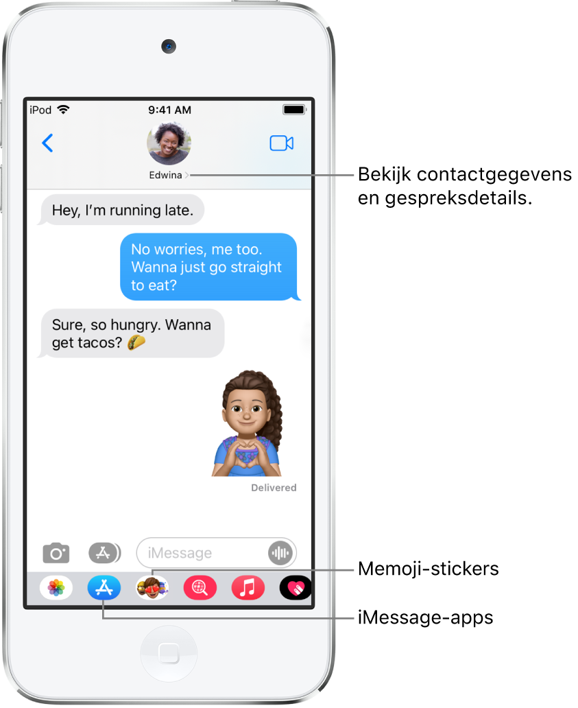 Gesprek in de Berichten-app. Bovenin zie je van links naar rechts de terugknop en de naam van degene met wie je berichten uitwisselt. In het midden zie je de berichten die in de loop van het gesprek zijn verstuurd en ontvangen. Onderin zie je van links naar rechts de knoppen voor Foto's, Stores, hashtag-afbeeldingen, Muziek, Digital Touch en iMessage-apps.