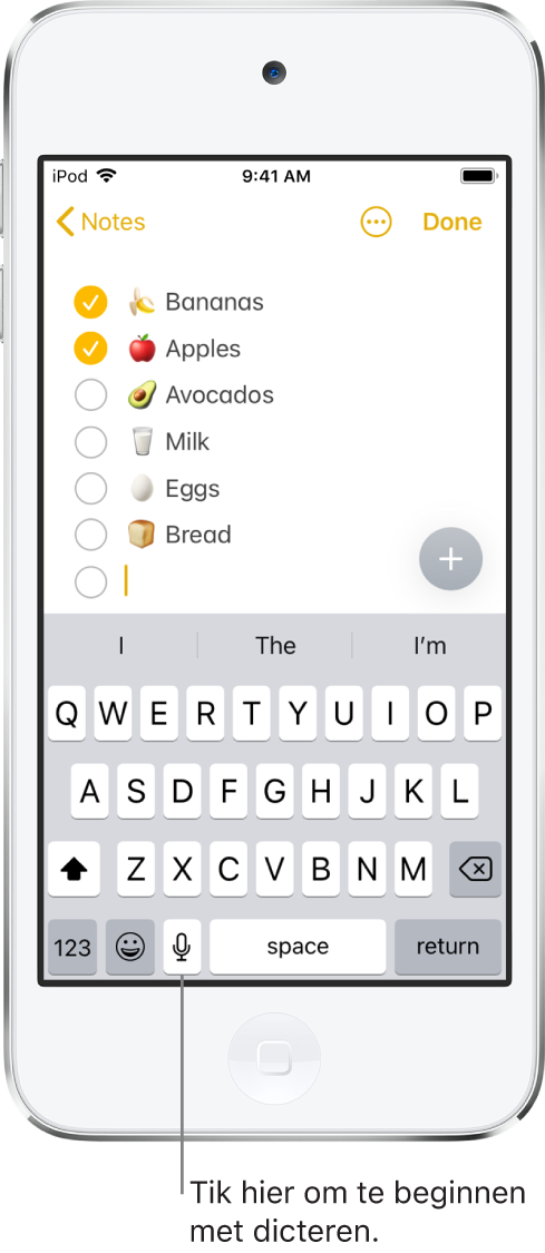 Het schermtoetsenbord met de dicteerknop links naast de spatiebalk. Tik op de dicteerknop om te beginnen met het dicteren van tekst.