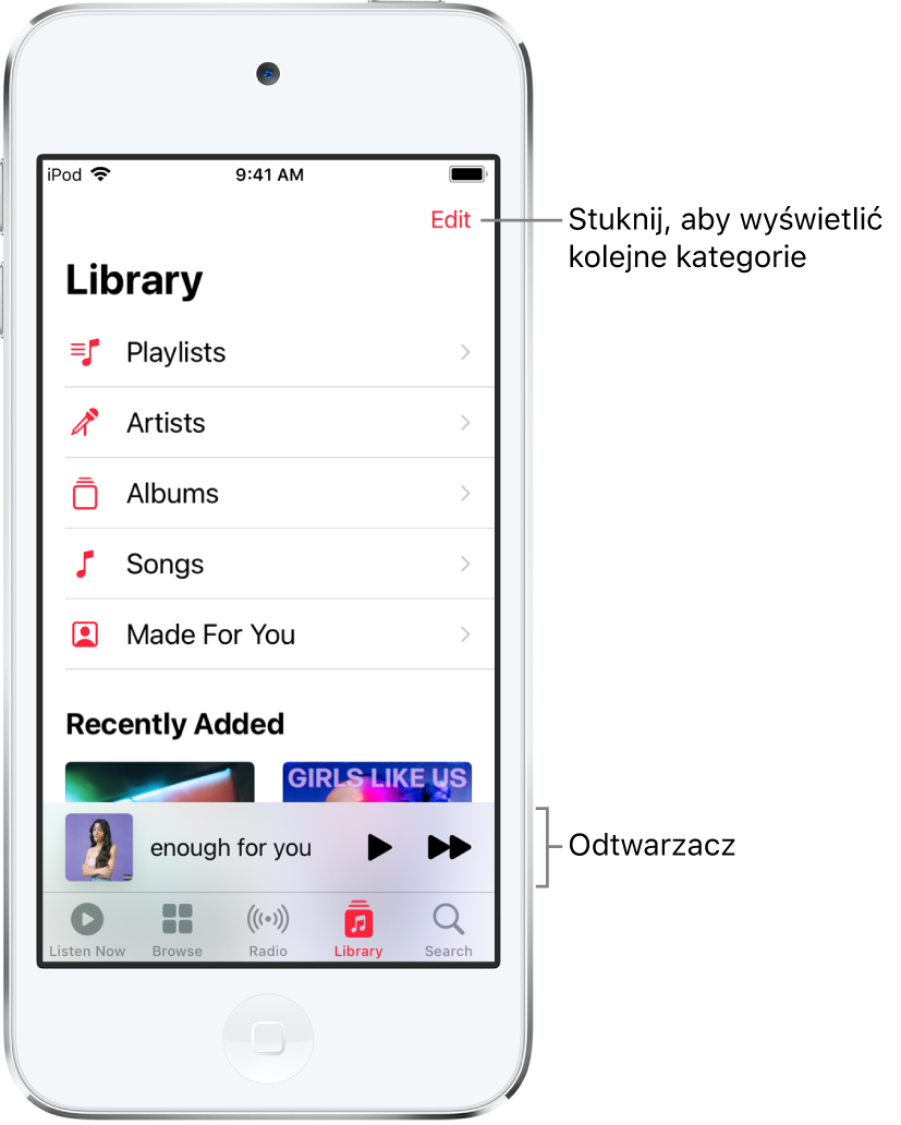 Ekran Biblioteka zawierający listę kategorii, w tym Playlisty, Wykonawcy, Albumy i Utwory. Pod listą znajduje się nagłówek Ostatnio dodane. Odtwarzacz wyświetlający tytuł bieżącego utworu; na dole znajdują się przyciski odtwarzania i przejścia do następnego utworu.