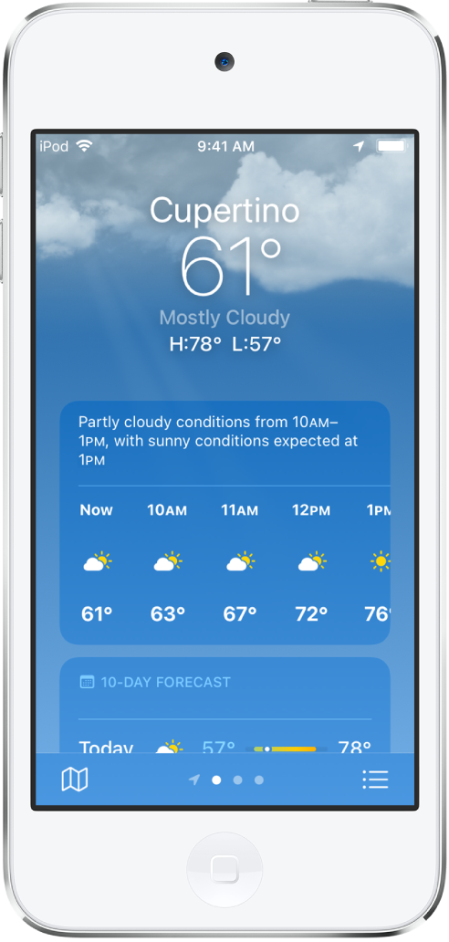 Tela do app Tempo mostrando de cima para baixo: localização, temperatura atual, temperaturas máxima e mínima do dia, previsão de hora em hora e previsão de 10 dias. Uma linha de pontos na parte inferior central mostra quantos lugares há na lista de lugares. No canto inferior direito está o botão Lista de Localizações e, no canto inferior esquerdo, o botão Mostrar Mapa.