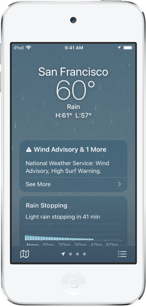 Tela do app Tempo mostrando a localização na parte superior, e a temperatura e condição do tempo atuais, no caso, Chuva. Abaixo, um gráfico mostrando o nível de precipitação para a hora seguinte, em incrementos de dez minutos. Abaixo disso está a previsão por hora e um mapa de precipitação. No canto inferior direito está o botão Lista de Localizações e, no canto inferior esquerdo, o botão Mostrar Mapa.