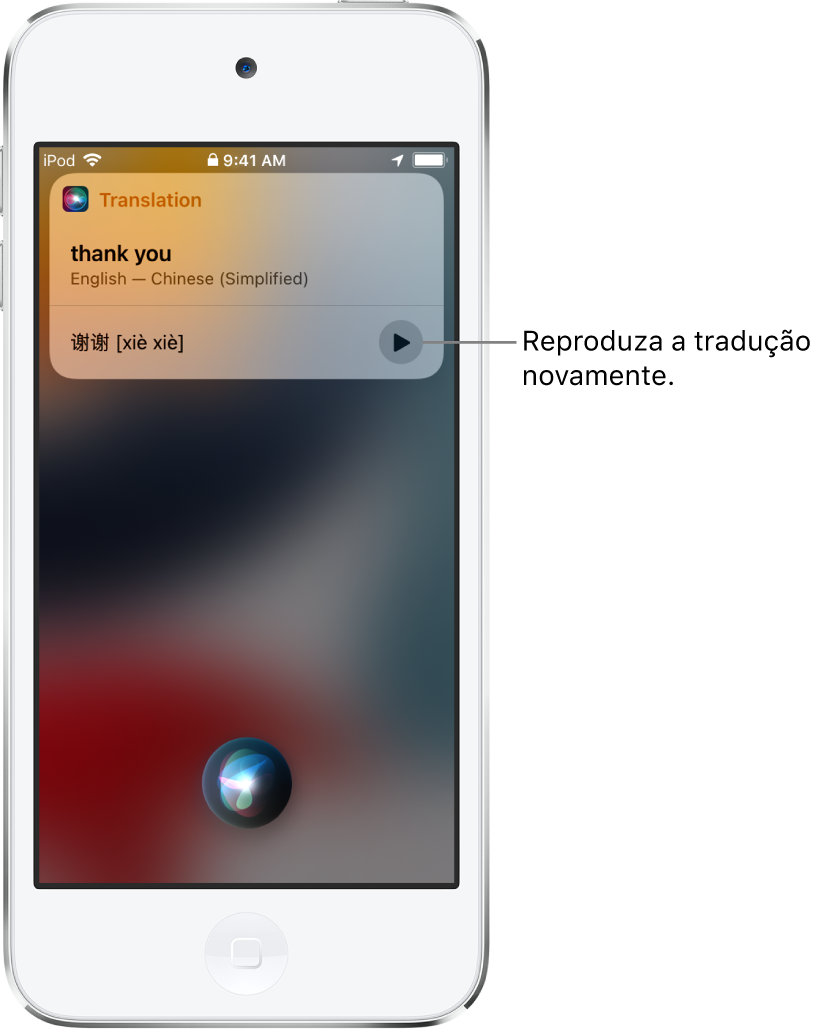 A Siri mostrando uma tradução da frase “obrigada” em português para o inglês. Um botão à direita da tradução reproduz o áudio da tradução novamente.