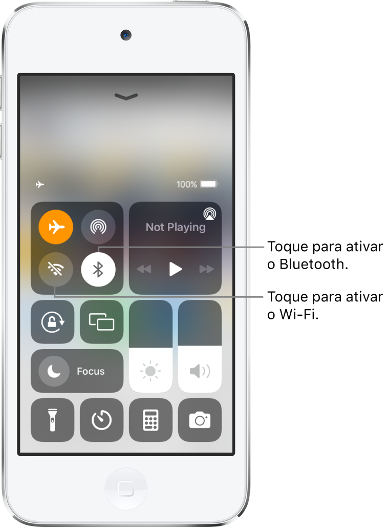 Central de controlo com o modo de voo ativado. Os botões para ativar o Wi-Fi e Bluetooth estão junto ao canto superior esquerdo da central de controlo.