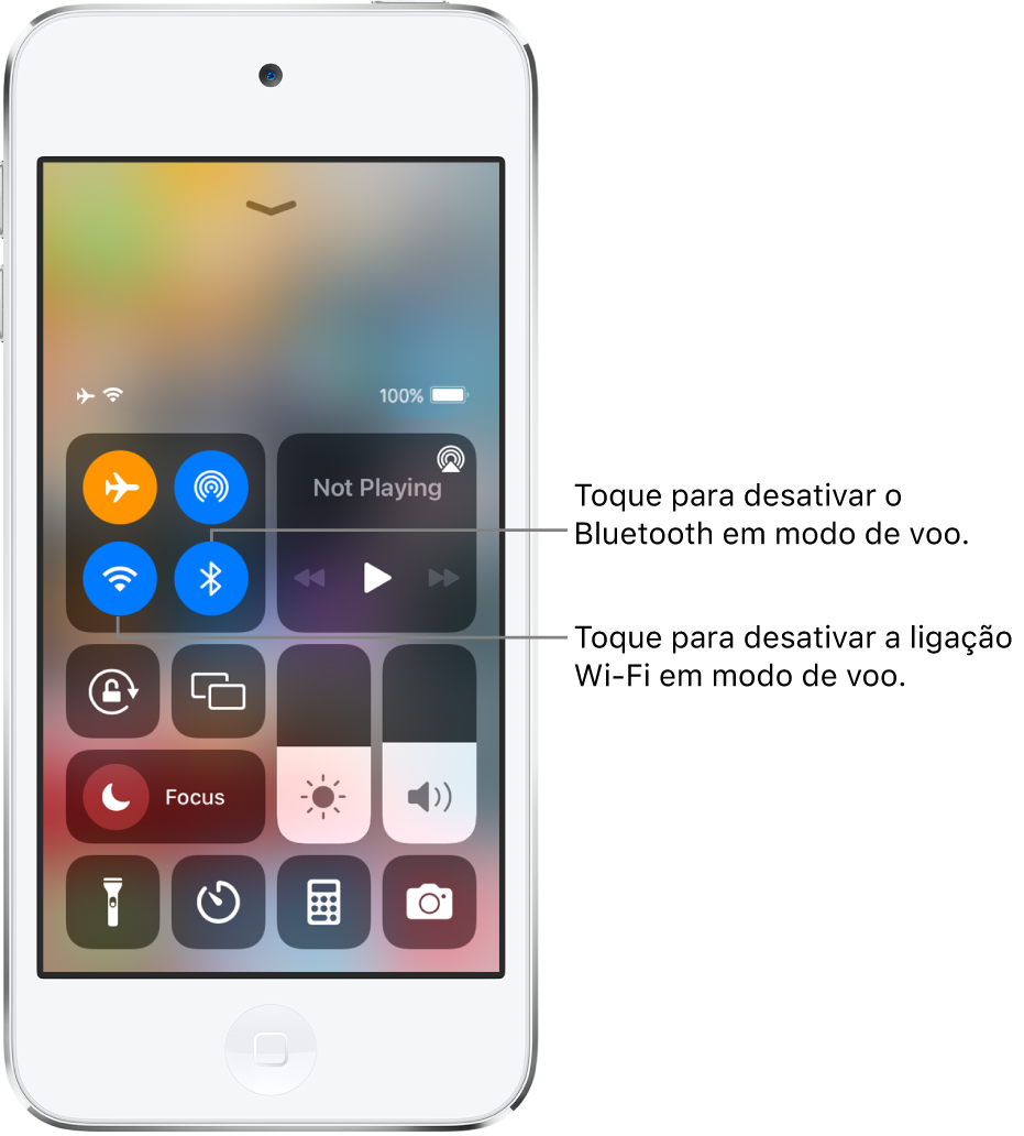 Central de controlo com o modo de voo ativado. No grupo de controlos no canto superior esquerdo encontram-se o botão Wi-Fi (inferior esquerdo) e o botão Bluetooth (inferior direito).