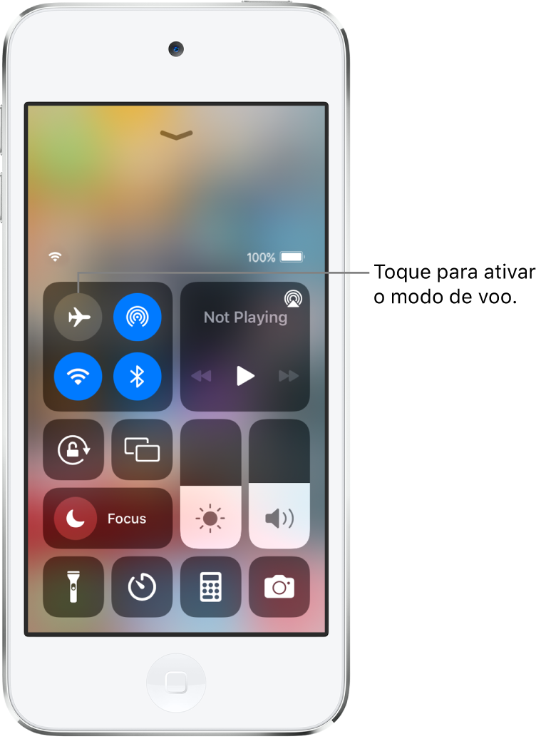 O ecrã da central de controlo mostra que um toque no botão no canto superior esquerdo ativa o modo de voo.