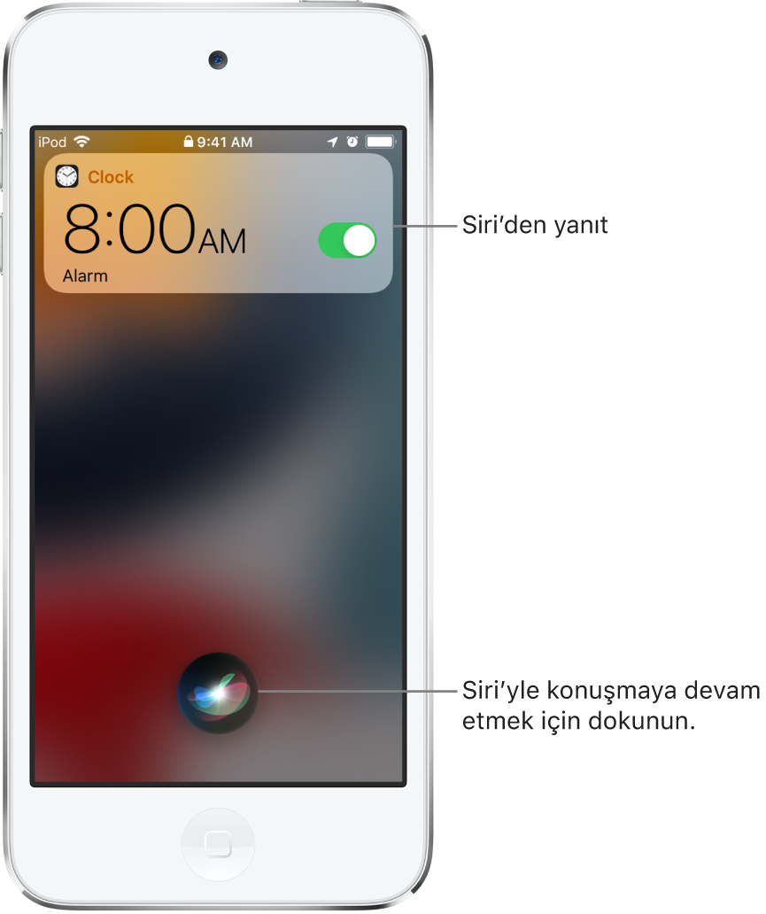 Kilitli ekranda Siri: Bir Saat uygulaması bildirimi, sabah 8 için alarm kurulduğunu gösteriyor. Ekranın alt ortasındaki düğme, Siri’yle konuşmaya devam etmek için kullanılabilir.