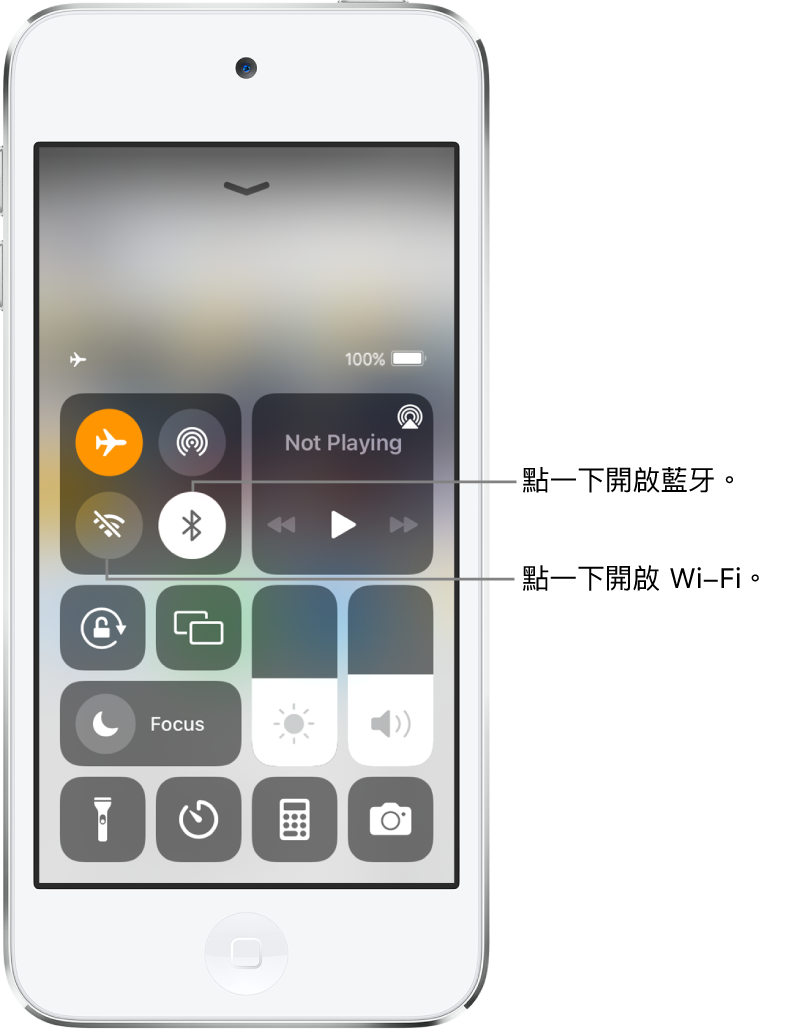 已開啟「飛行模式」的「控制中心」。用於開啟 Wi-Fi 和藍牙的按鈕靠近「控制中心」的左上角。