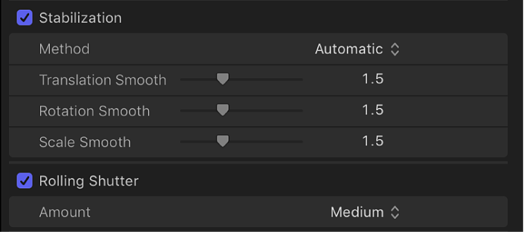 The Stabilization and Rolling Shutter controls in the Video inspector