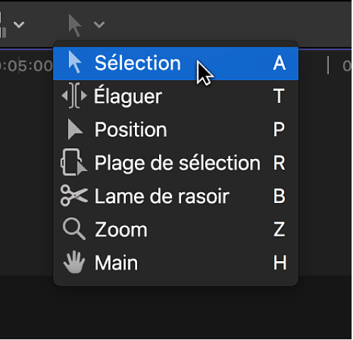 Outil de sélection dans le menu local Outils