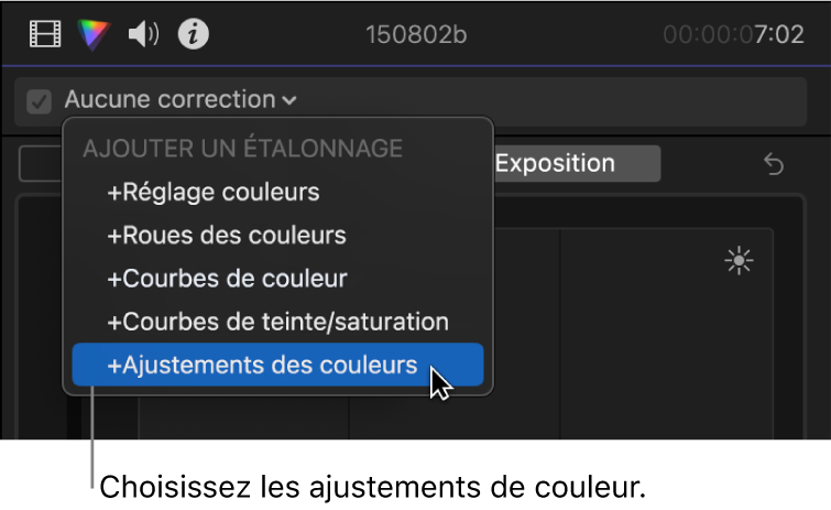 Effet Ajustements des couleurs choisi dans la section Ajouter une correction du menu local situé en haut de l’inspecteur de couleur