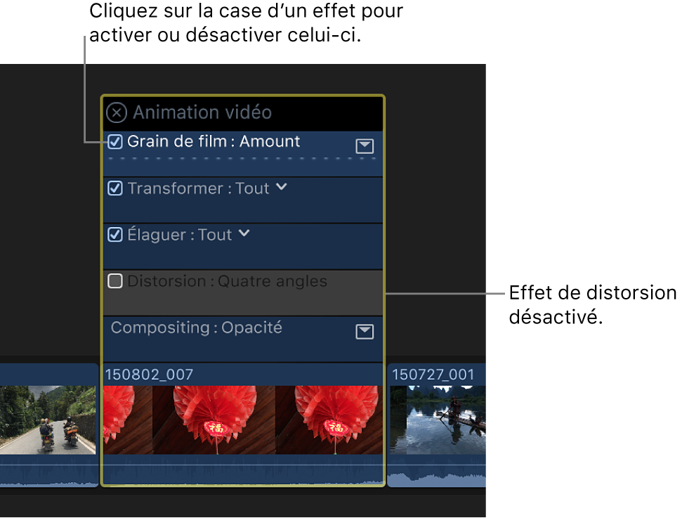 Éditeur d’animation vidéo avec cases permettant d’activer et de désactiver les effets