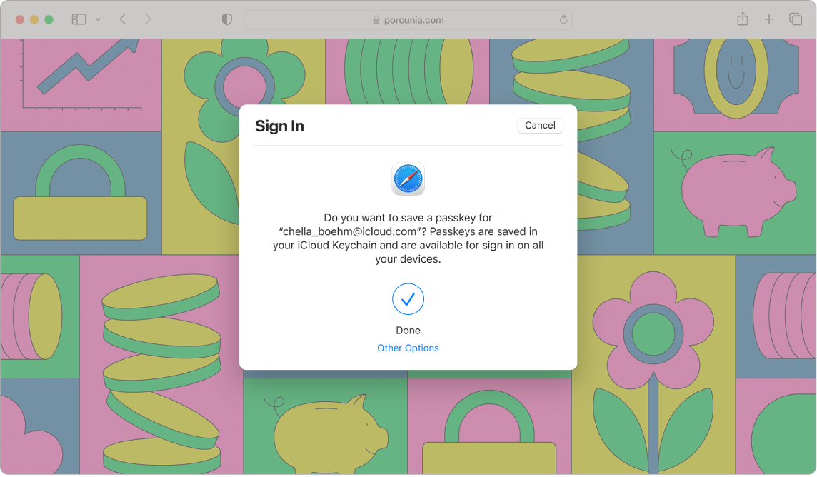 Fenêtre Safari montrant une zone de dialogue de connexion demandant si l’utilisateur souhaite enregistrer une clé d’identification. La zone de dialogue indique que les clés d’identification sont enregistrées dans votre trousseau iCloud et permettent de se connecter sur tous vos appareils. Une coche bleue indique que la clé d’identification a été créée et vous disposez d’un lien « Autres options » pour créer une clé d’identification.