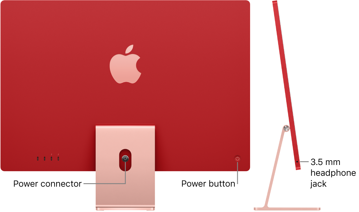 Back view of iMac showing the power connector and the power button. Next to it is a side view showing the headphone jack.