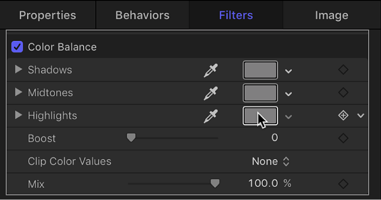 Parameter für Filter „Farbbalance“