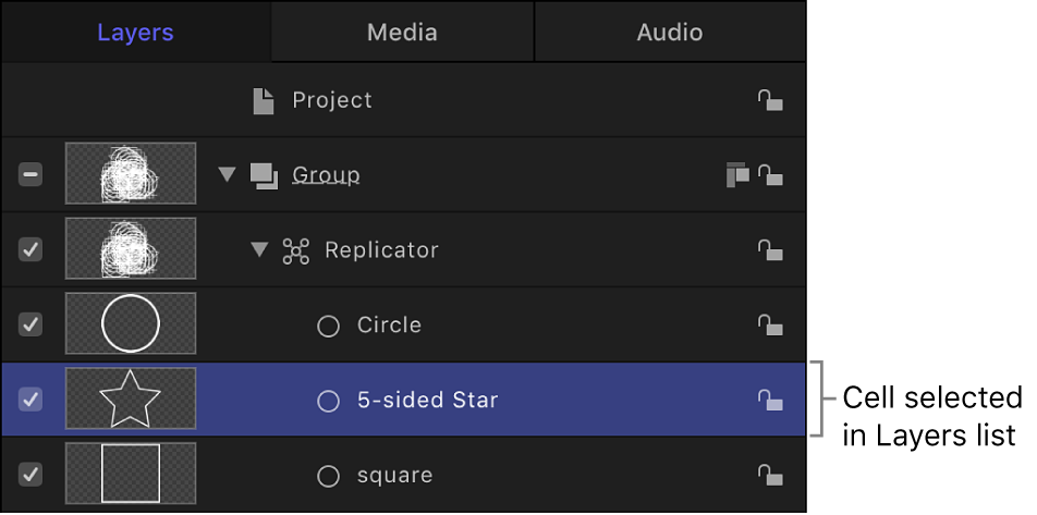 Layers list with selected replicator cell