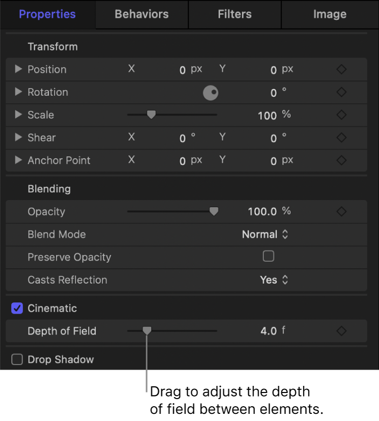 Properties Inspector showing Depth of Field parameter