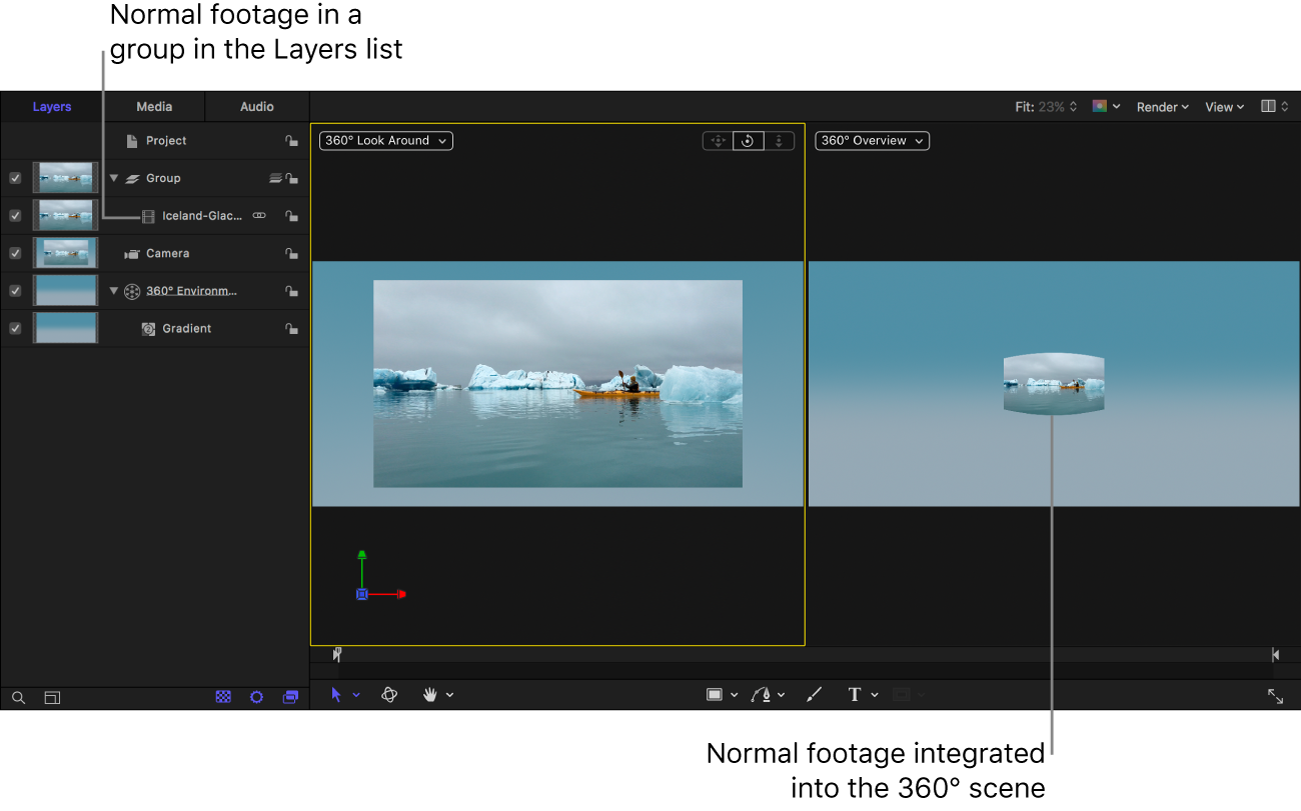 Standard footage added to group object in 360° project