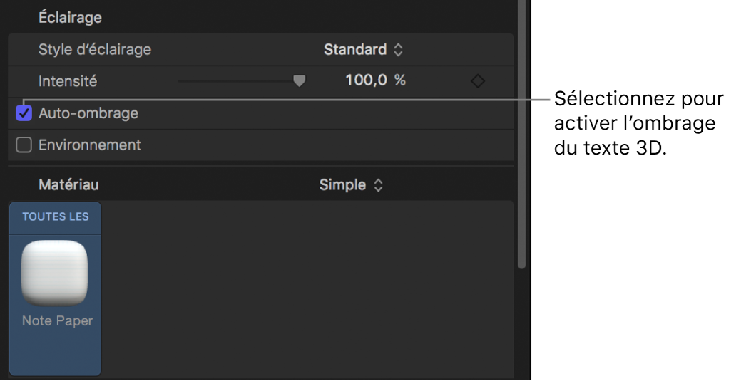 Paramètre Auto-ombrage dans la fenêtre Apparence de l’inspecteur de texte