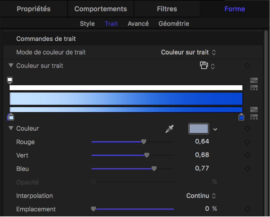 Fenêtre Trait affichant l’éditeur de dégradé dans sa forme développée pour le paramètre Couleur sur trait