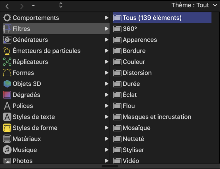 Catégories de filtres dans la bibliothèque