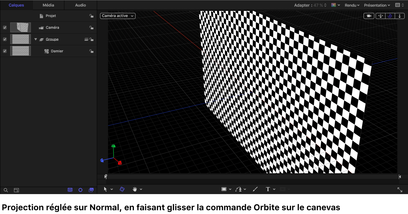 Canevas avec la caméra orbitant autour d’un générateur Damier affiché dans la projection normale