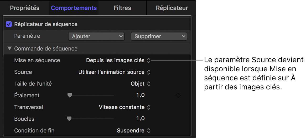 Inspecteur de comportements affichant le paramètre Source qui s’affiche lorsque le menu local Mise en séquence est défini sur Personnaliser