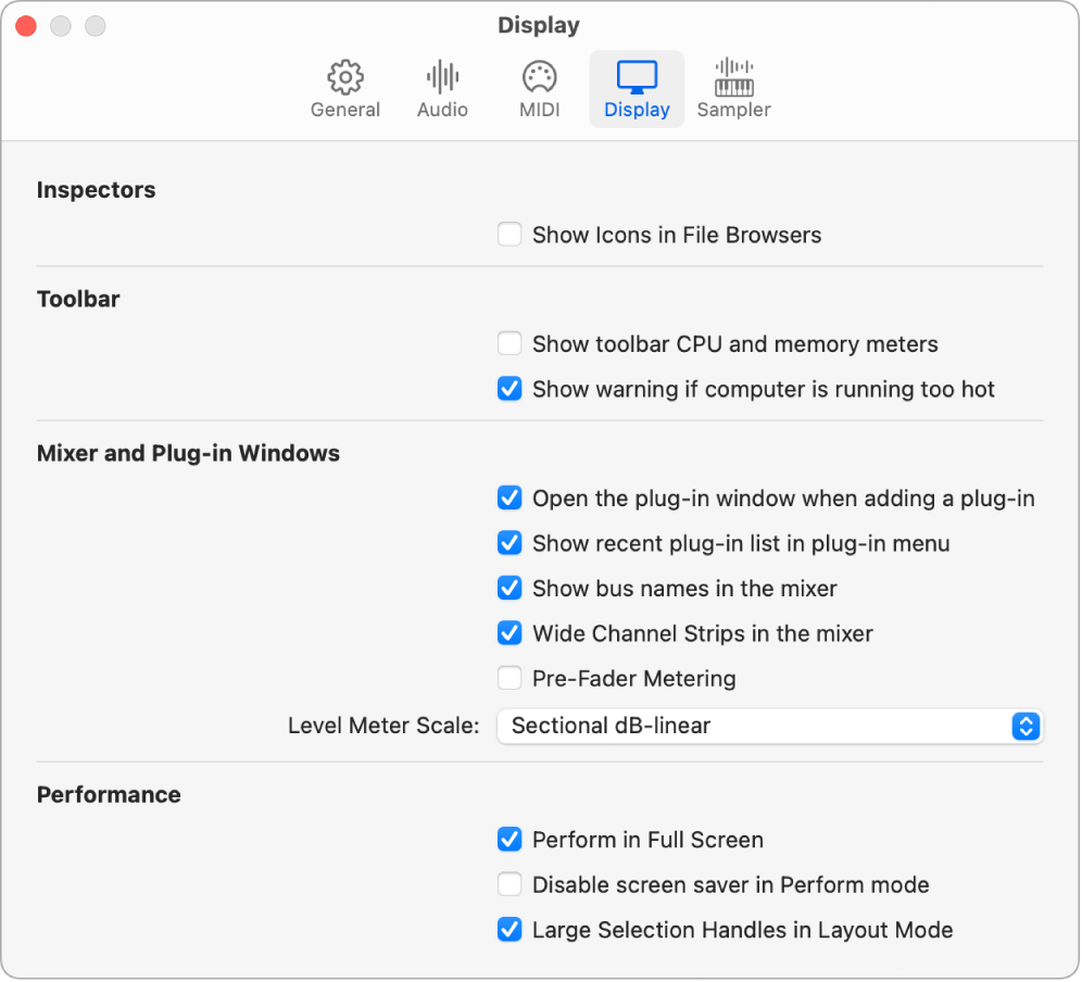 Figure. Display settings pane.