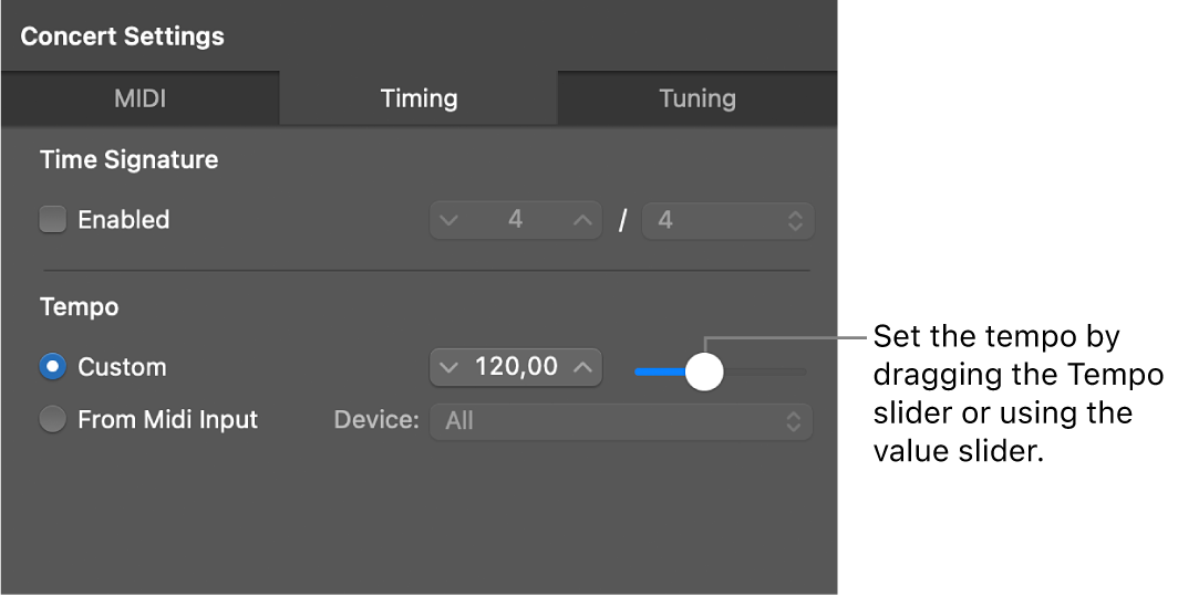 Figure. Dragging the Tempo slider in the Concert Inspector.