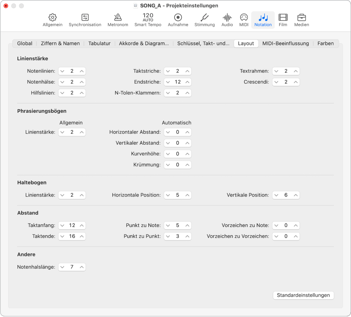 Abbildung. Projekteinstellungsbereich „Notation“ > „Layout“