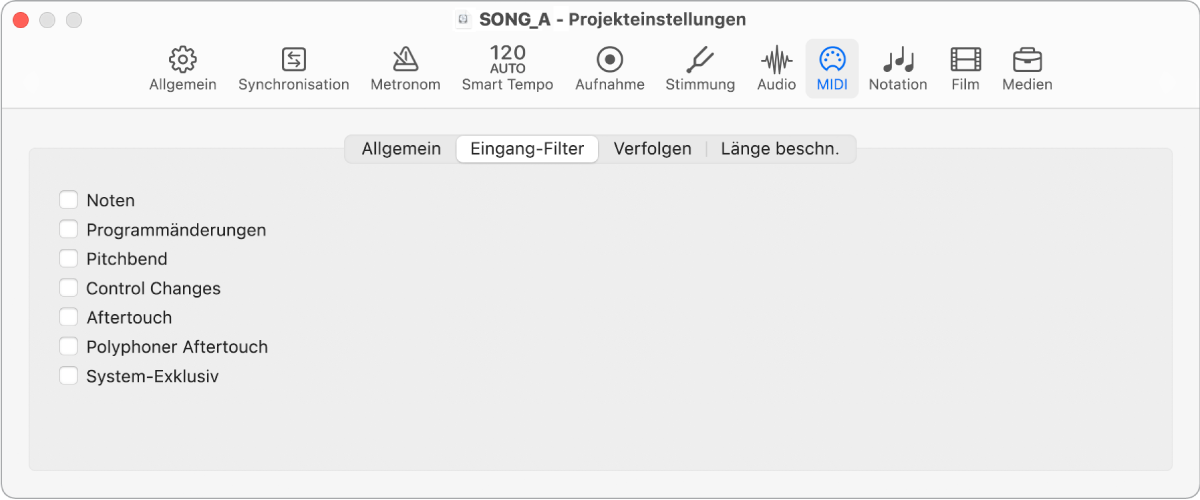 Abbildung. Projekteinstellungsbereich „MIDI“ > „Eingang-Filter“