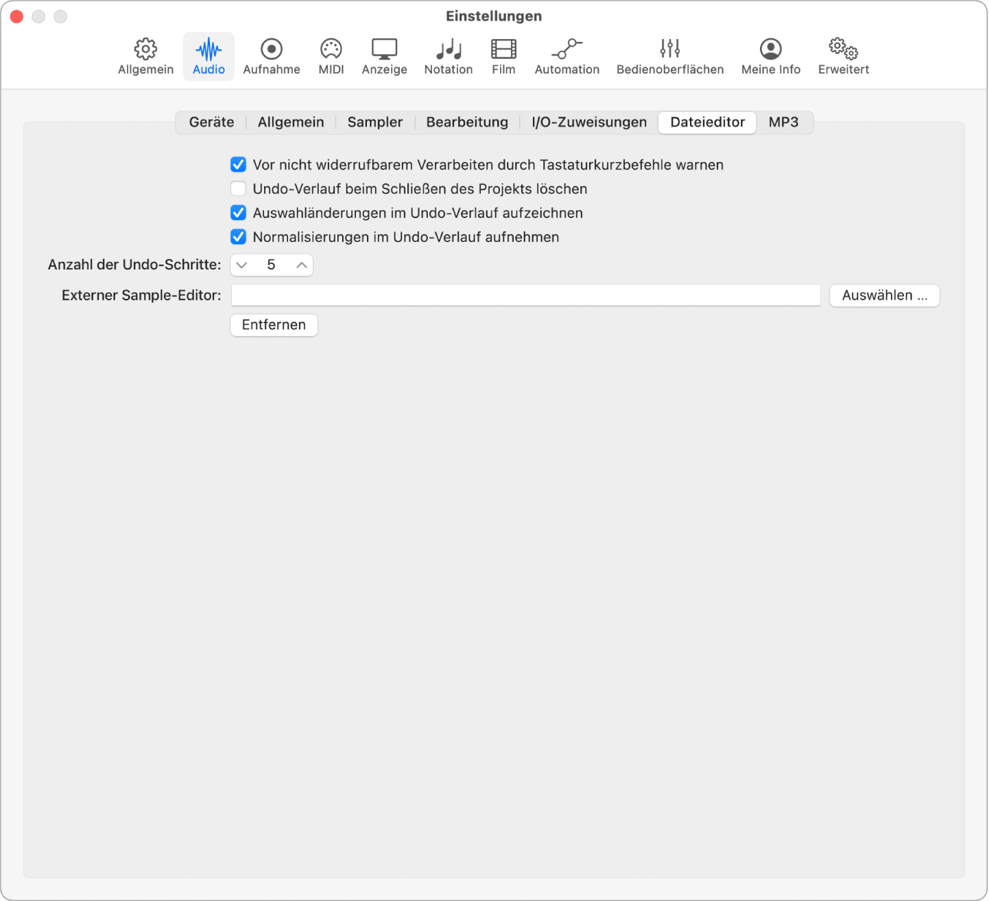 Abbildung. Einstellungsbereich „Audio“ > „Dateieditor“