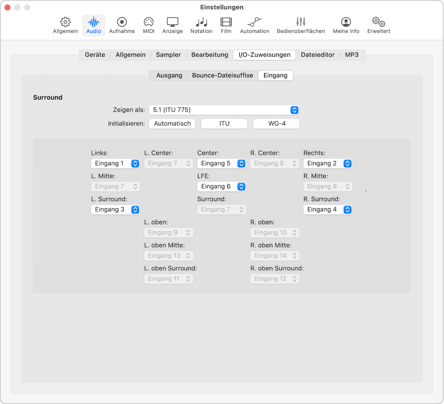 Abbildung. Einstellungsbereich „Audio“ > „I/O-Zuweisungen“ > „Eingang“