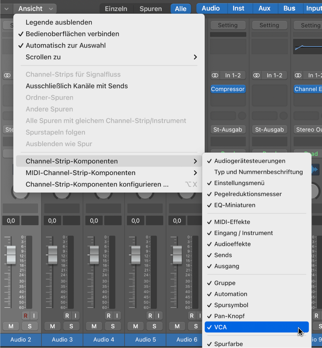 Abbildung. Untermenü „Channel-Strip-Komponenten“ im Menü „Ansicht“ des Mixers