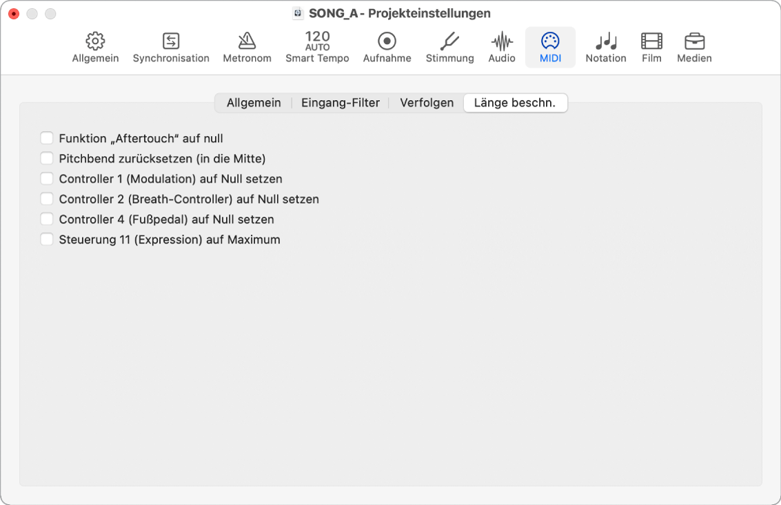 Abbildung. Projekteinstellungsbereich „MIDI“ > „Länge beschn.“