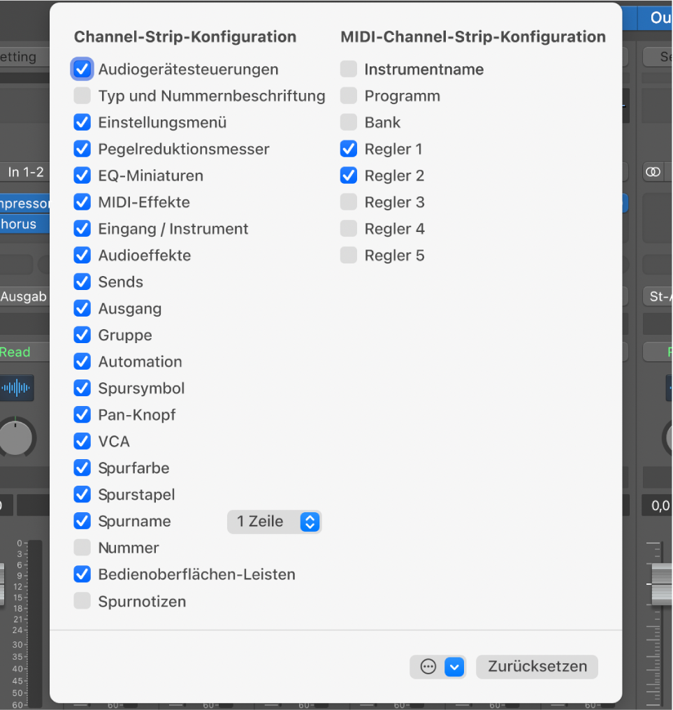 Abbildung. Einblendmenü „Channel-Strip-Komponenten“