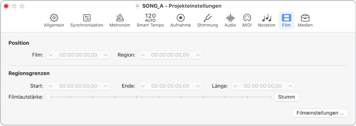 Abbildung. Projekteinstellungsbereich „Film“