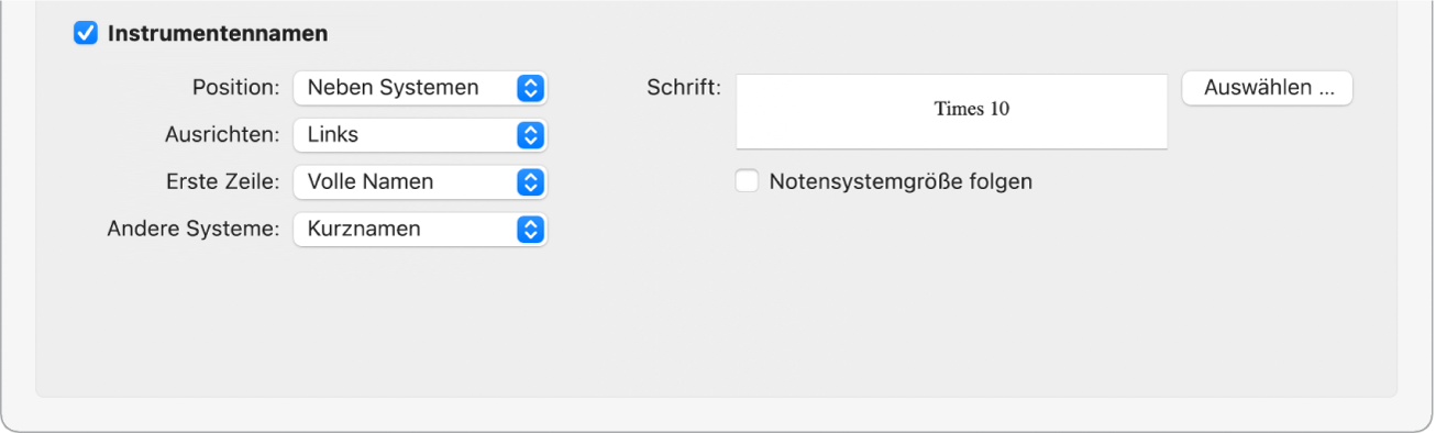 Abbildung. Abschnitt „Instrumentennamen“ des Bereichs „Nummern & Namen“