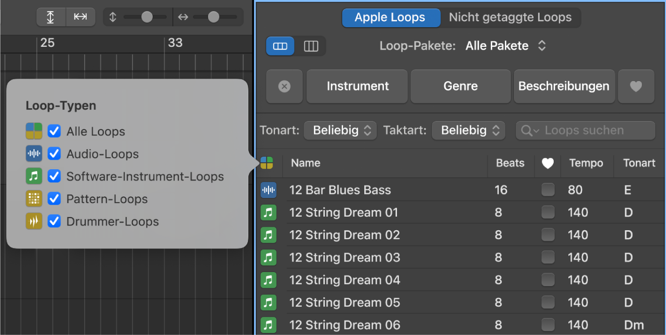 Loopübersicht mit Taste und Optionen „Loop-Typen“