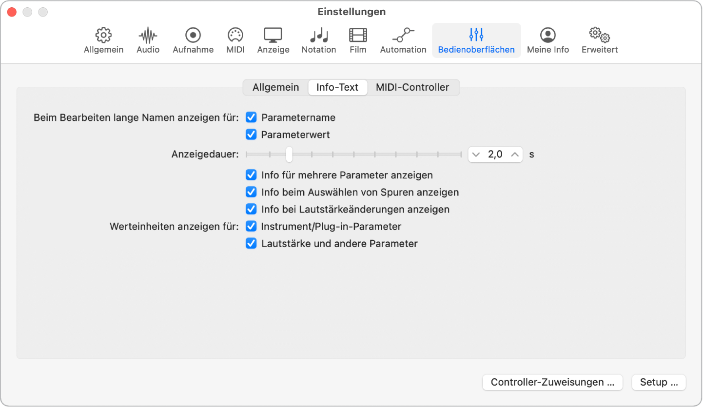 Abbildung. Einstellungsbereich „Bedienoberflächen“ > „Info-Text“