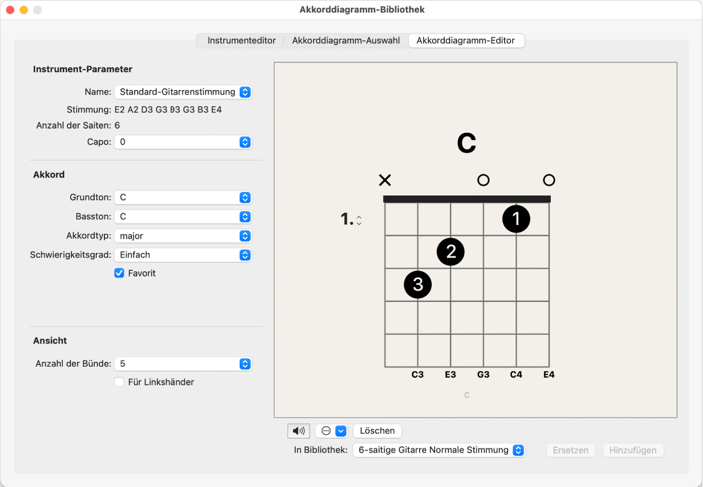 Abbildung. Der Bereich „Akkorddiagramm-Editor“ in der Akkorddiagramm-Bibliothek wird geöffnet