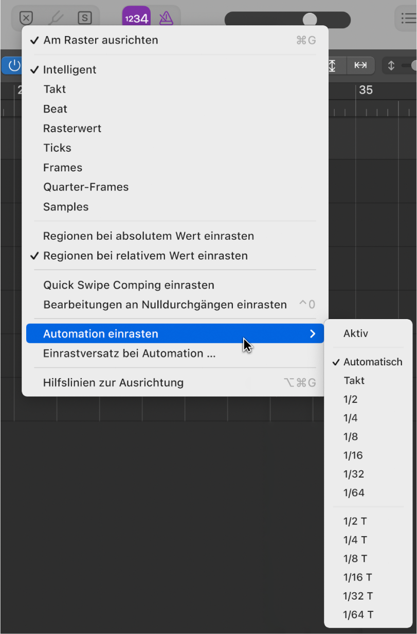 Abbildung. Zeiger weist auf den Befehl im Untermenü „Automation einrasten“