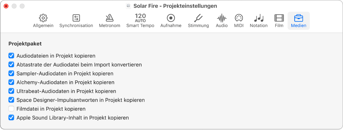 Abbildung. Bereich „Medien“ der Projekteinstellungen