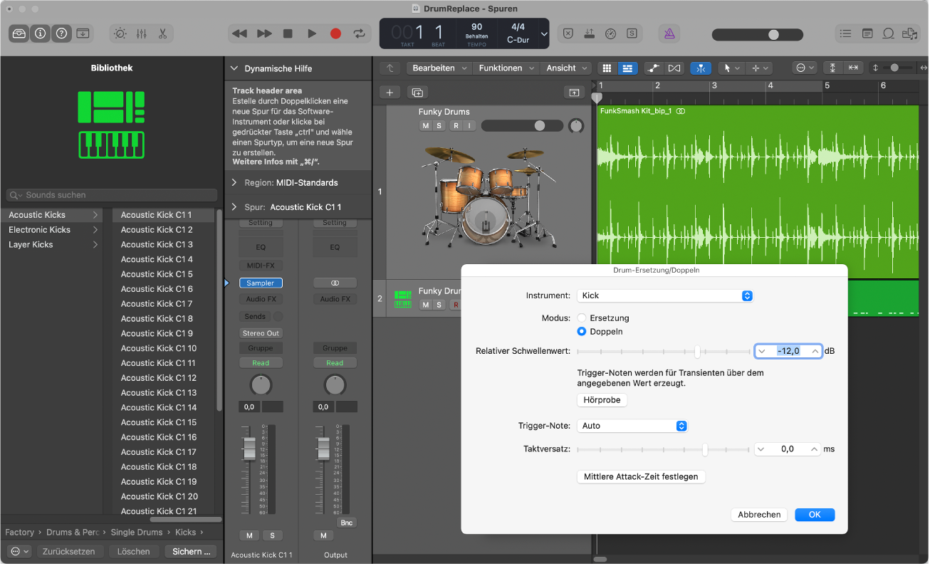 Abbildung. Bereich „Spuren“ mit gezoomter Audiospur, Bibliothek geöffnet mit Drum-Sounds und Dialogfenster „Drum-Ersetzung/Doppeln“ geöffnet