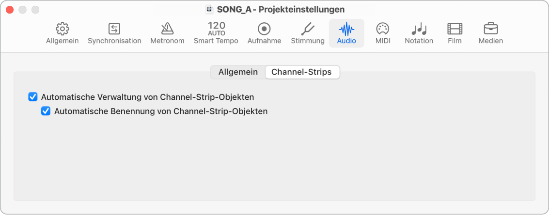 Abbildung. Projekteinstellungsbereich „Audio“ > „Channel-Strips“